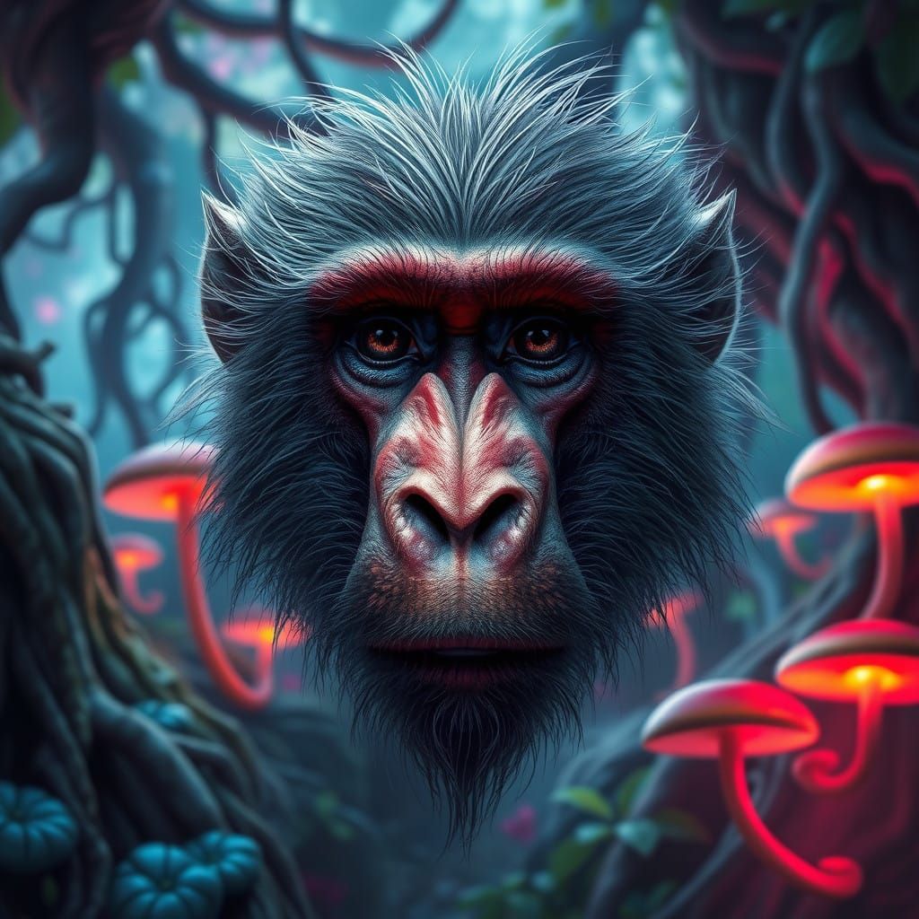 Surrealistic Baboon Portrait in Vibrant Mystical Forest
