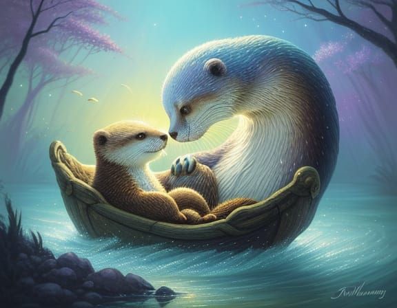Whimsical Otter Family in Dreamy Oil Painting Style