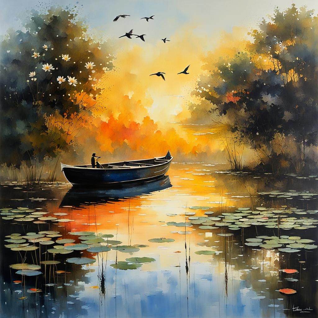 Sunset Lake with Boat, Water Lilies, as Graffiti Art