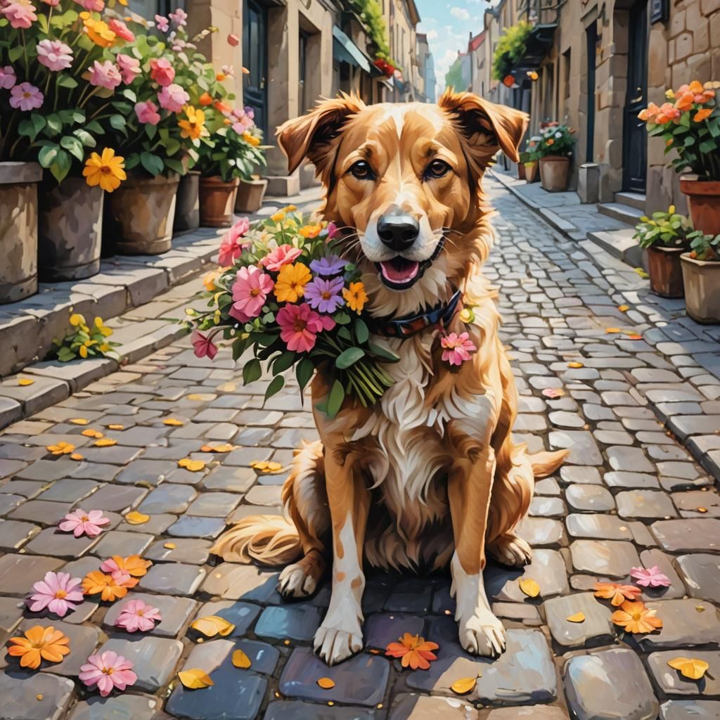 Dog with Flowers in Impressionist Street Art