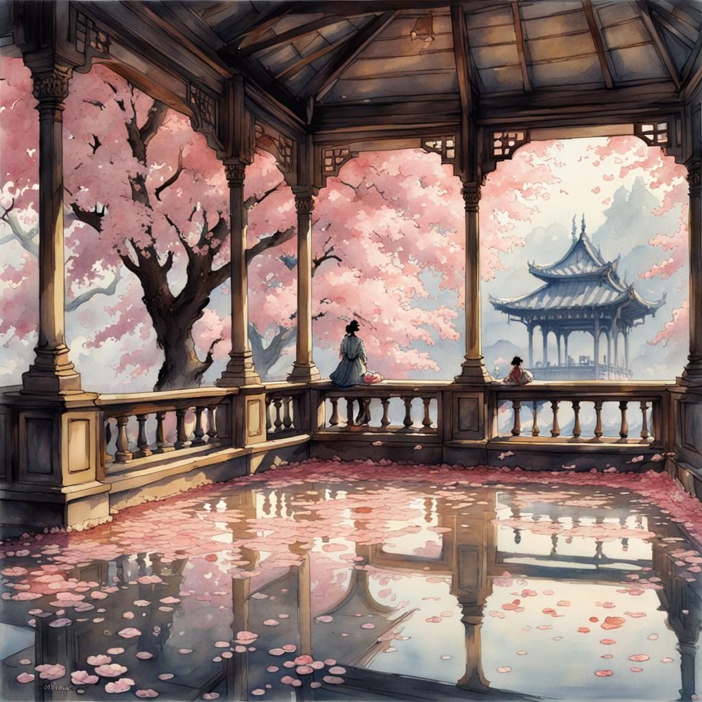 Cherry Blossom Pavilion: Watercolor Painting