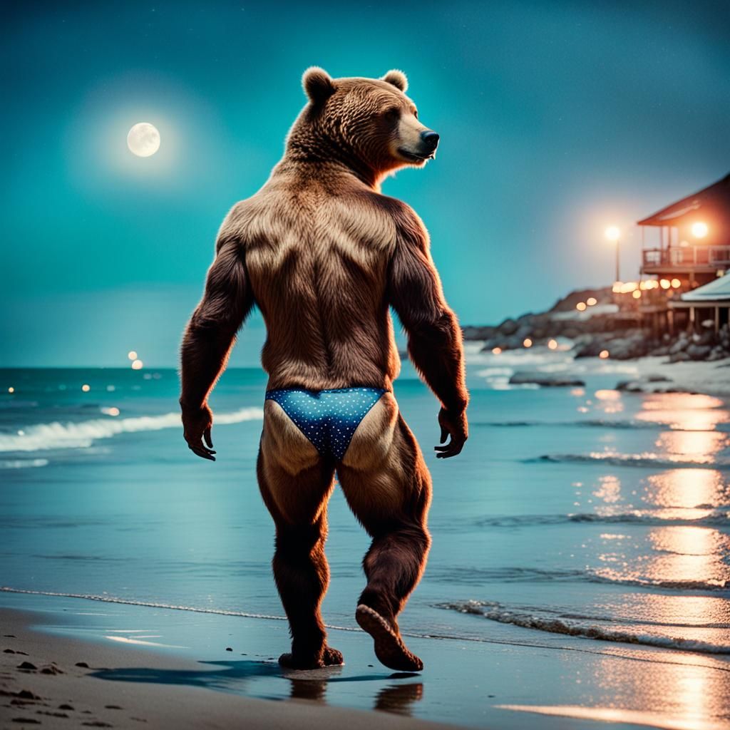 Grizzly Bear Moonwalking on Beach: Cinematic Still