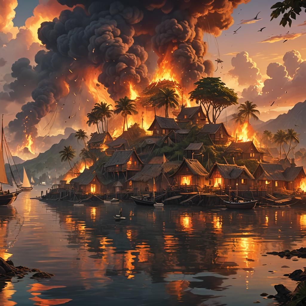 Island Village Engulfed in Flames: Concept Art