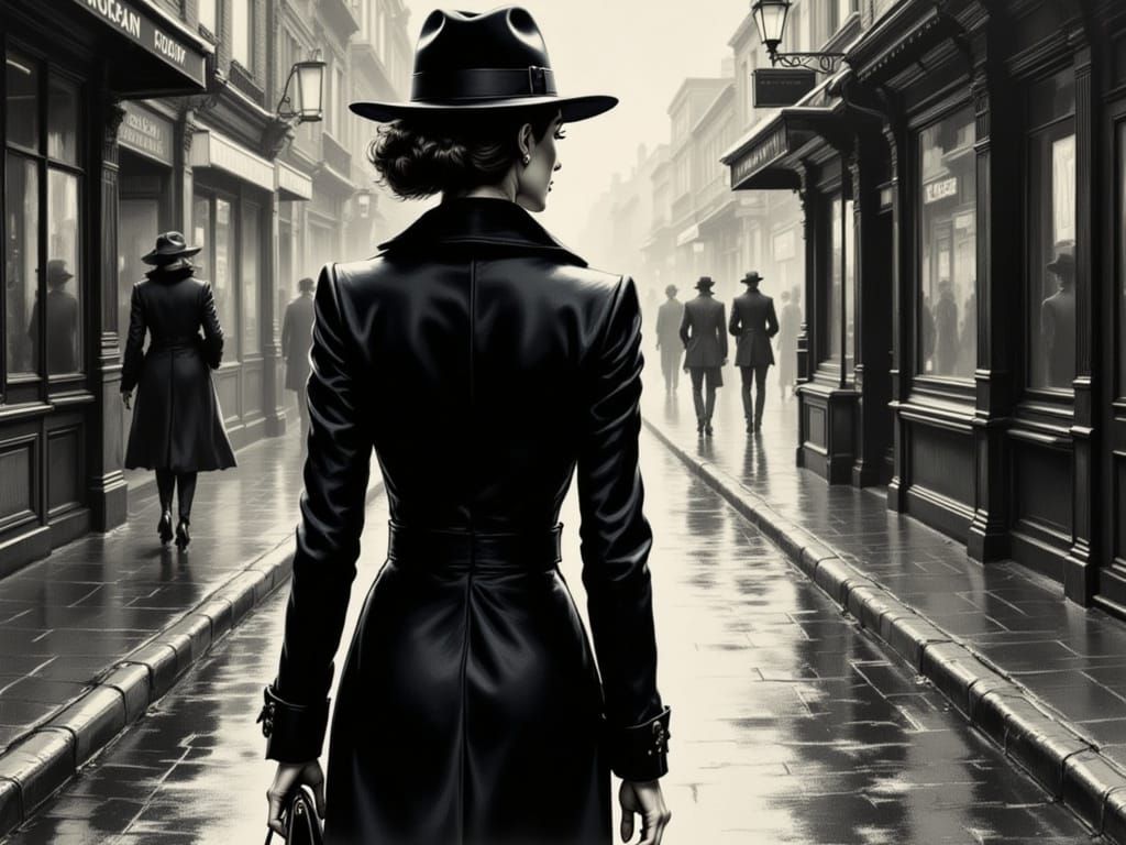 Mysterious Femme Fatale Strolls Rainy Streets in Film Noir S...