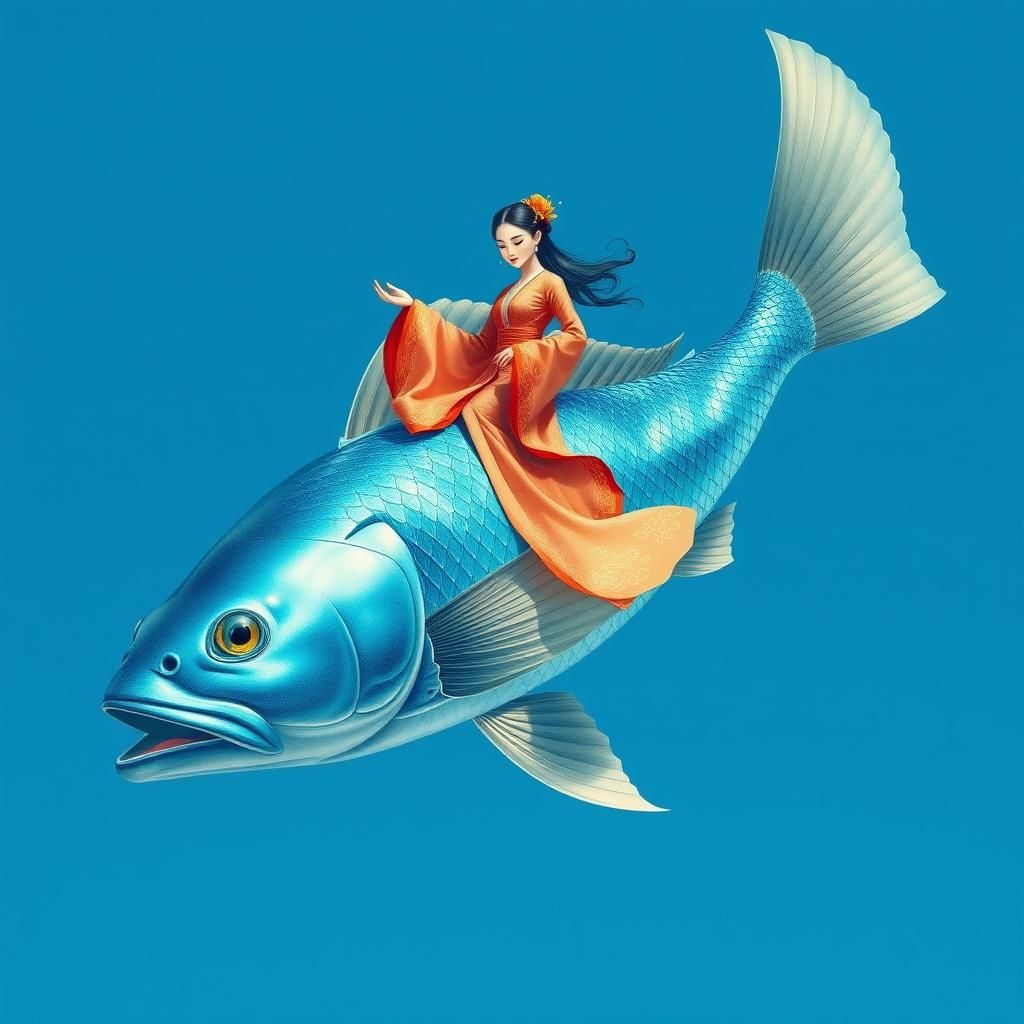 A super huge fish flying in the sky, with a humanwoman sitti...