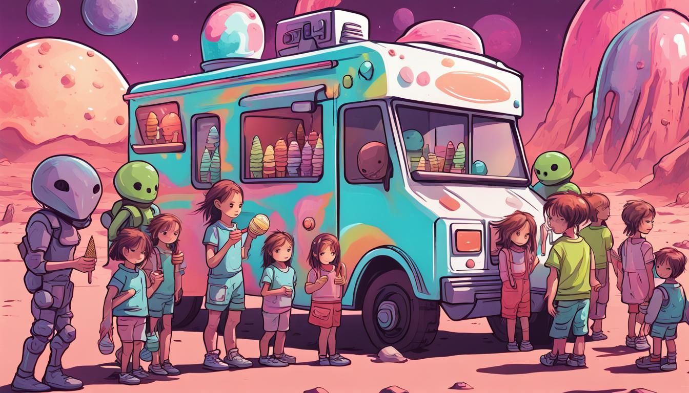 Ice Cream Truck on Alien Planet in Cyberpunk City