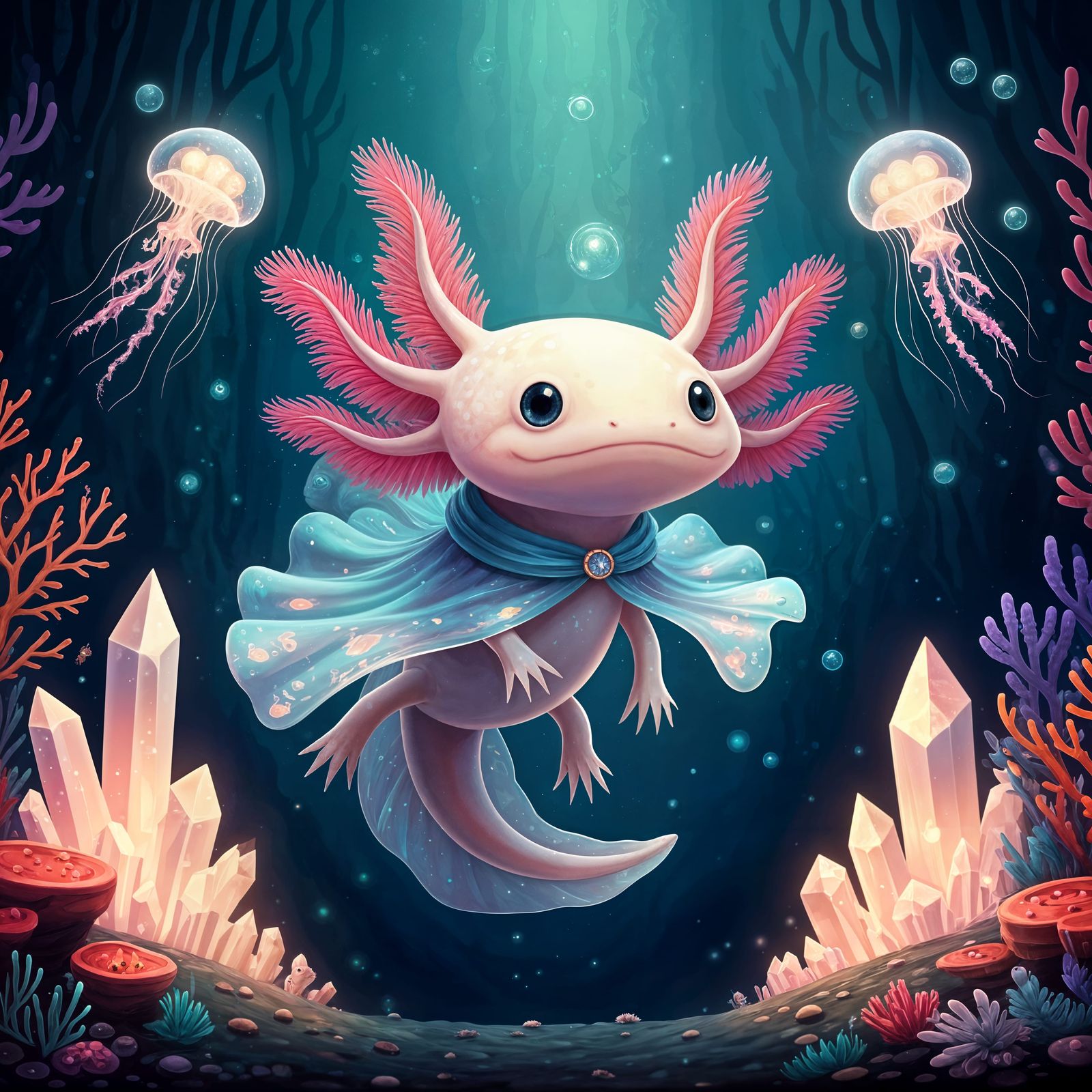 Enchanted Axolotl in Whimsical Underwater Realm
