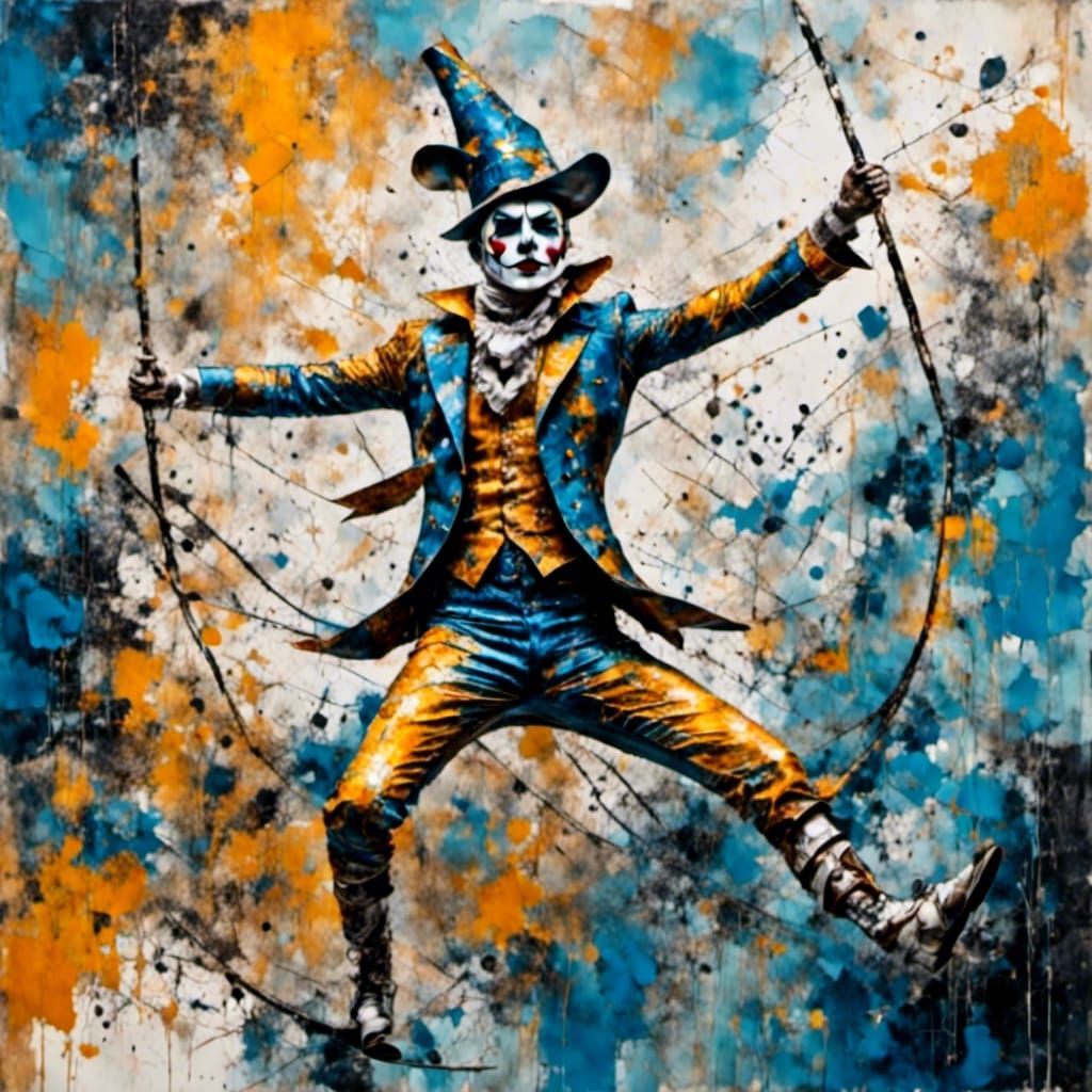 Jester Balances on Tightrope in Impressionist Oil Painting