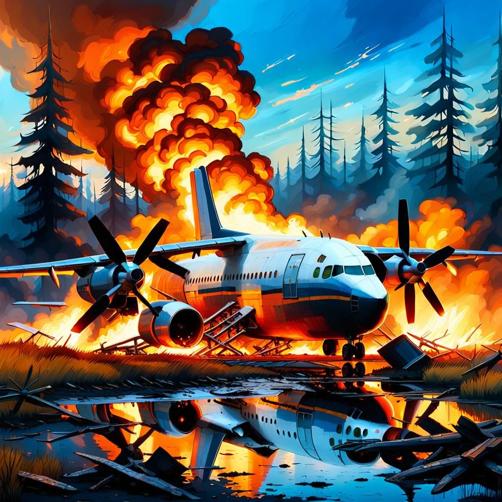 Commercial Airplane Crash Scene at Sunset