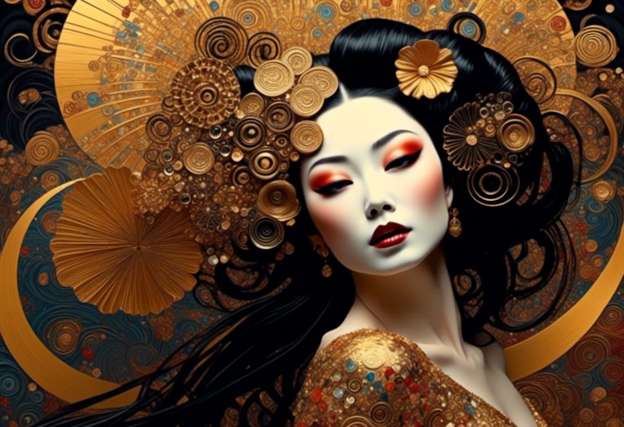Golden Geisha Portrait in Symbolist Style