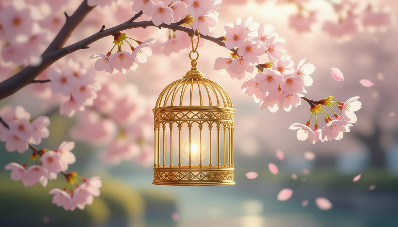 Golden Birdcage on Cherry Blossom Tree Branch