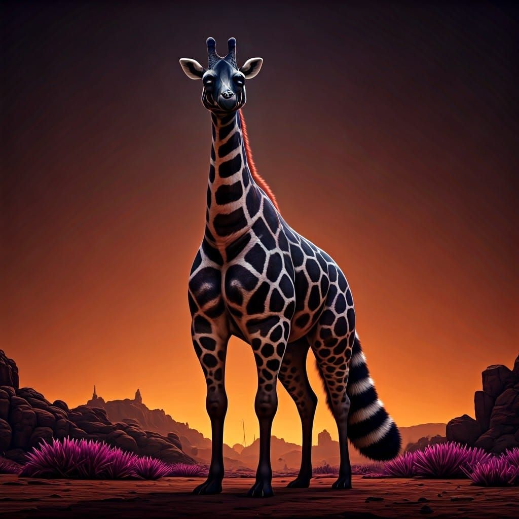 Mystical Giraffe Raccoon Hybrid in Dreamlike Setting