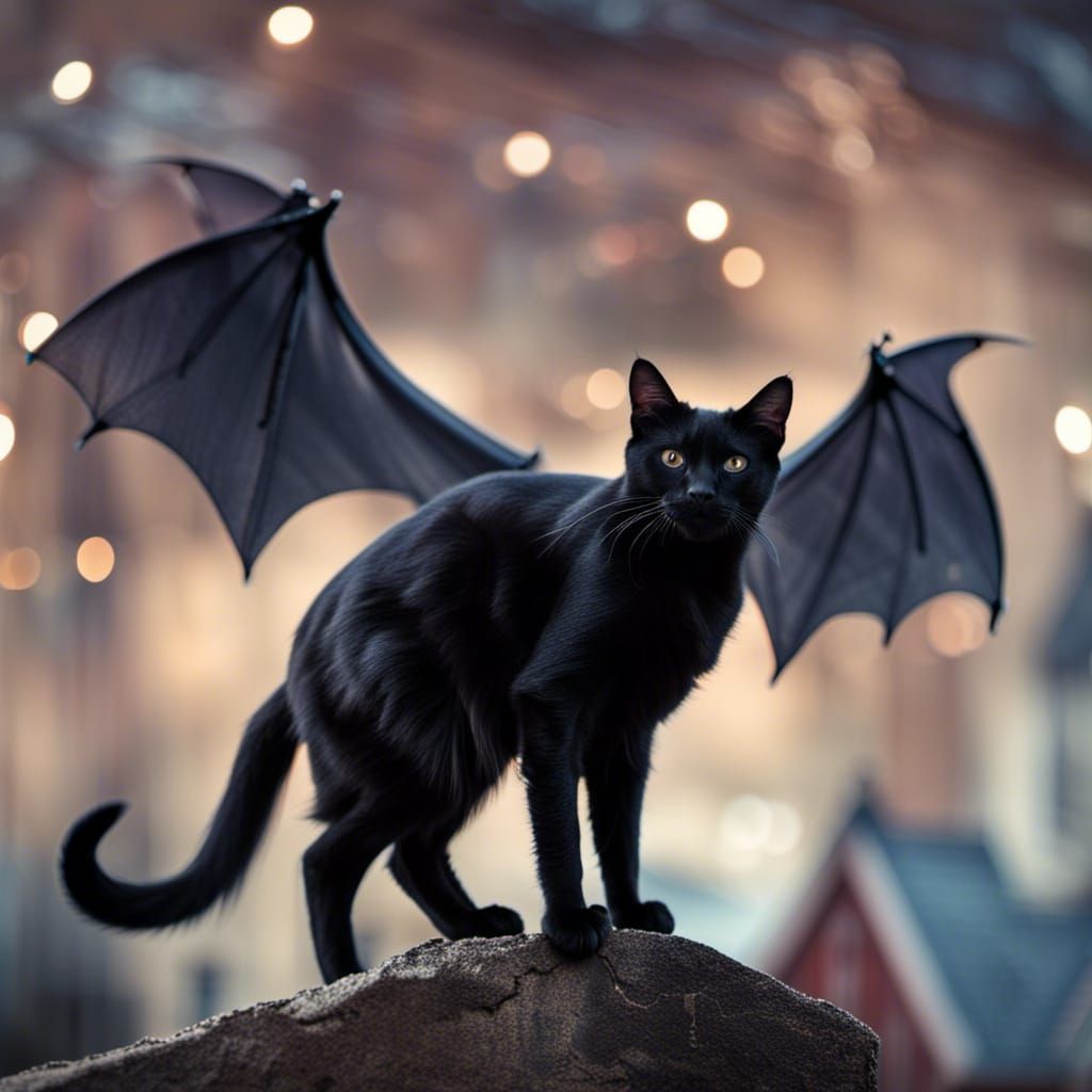 Beautiful black cat with bat wings& gothic vibes& fantasy vibes& dark fantasy vibes