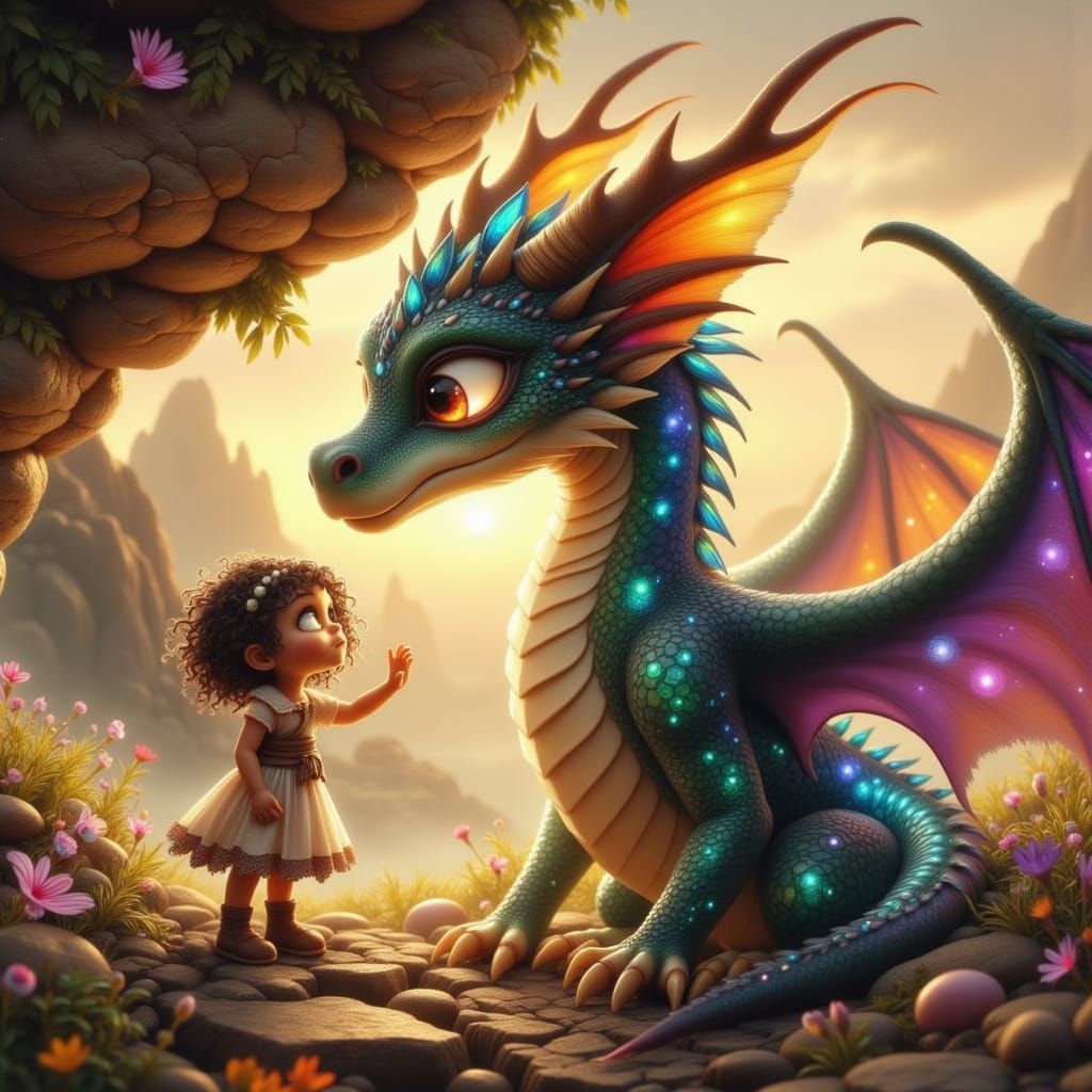 Girl Befriends Juvenile Dragon on Misty Cliff