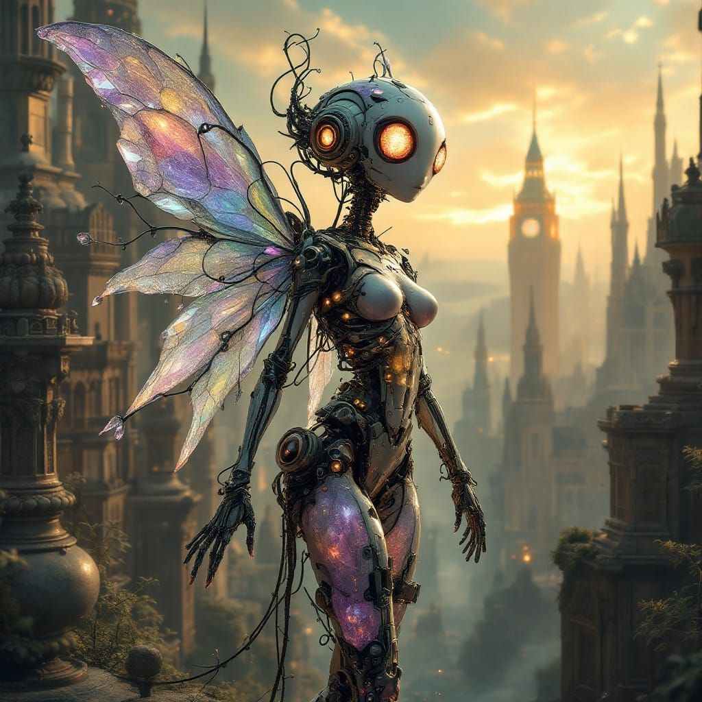 Futuristic Fairy in Utopian Cityscape with Crystal Embellish...