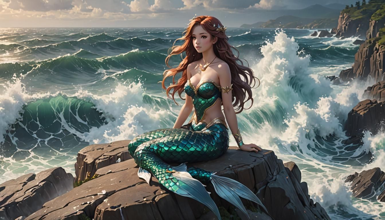 Attractive Mermaid on Rocky Cliff in Anime Style