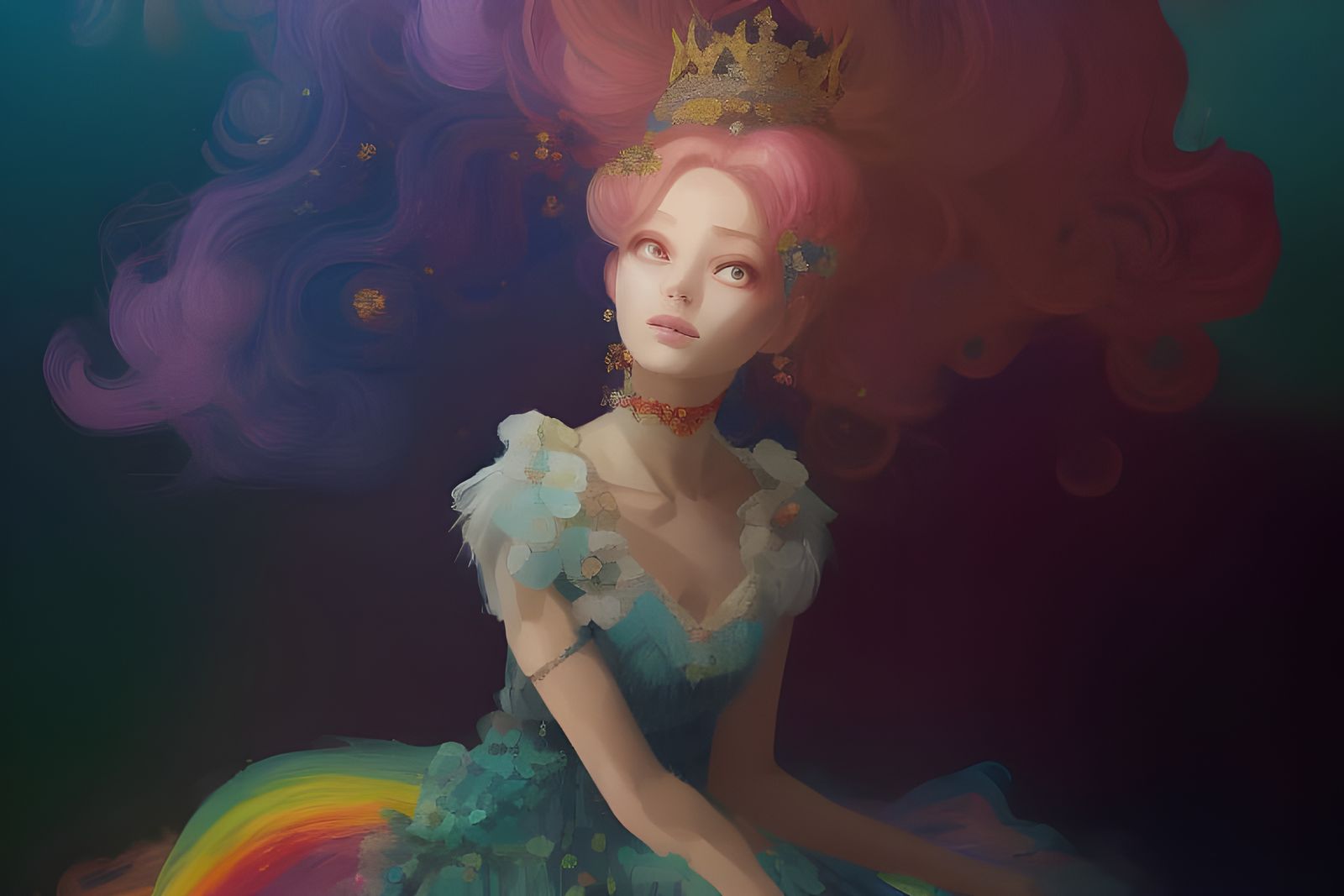Rainbow Dress Princess Portrait, Detailed Digital Illustrati...