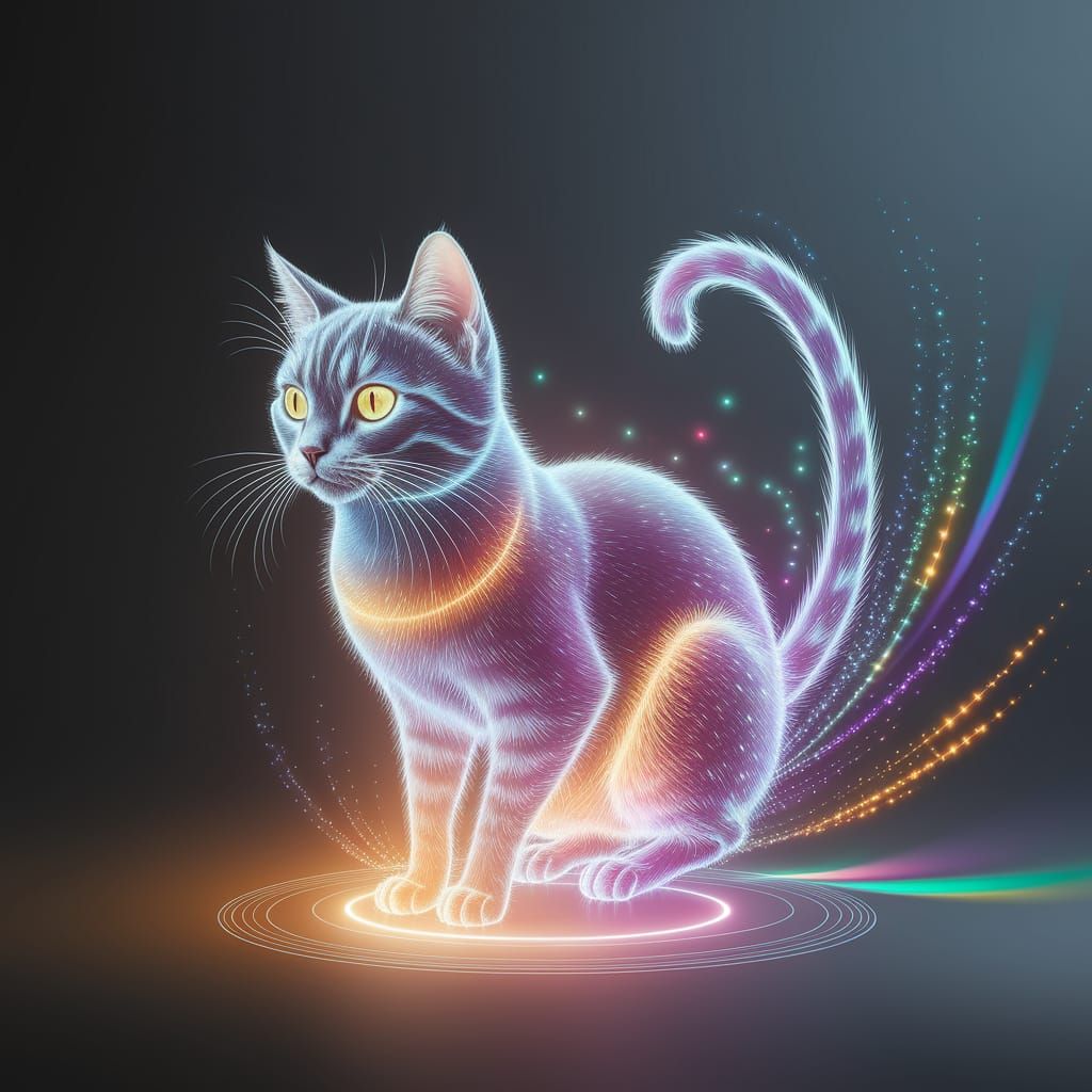 A holographic cat made of shimmering, radiant light, emerging from an invisible holographic projector. Its form is fluid...