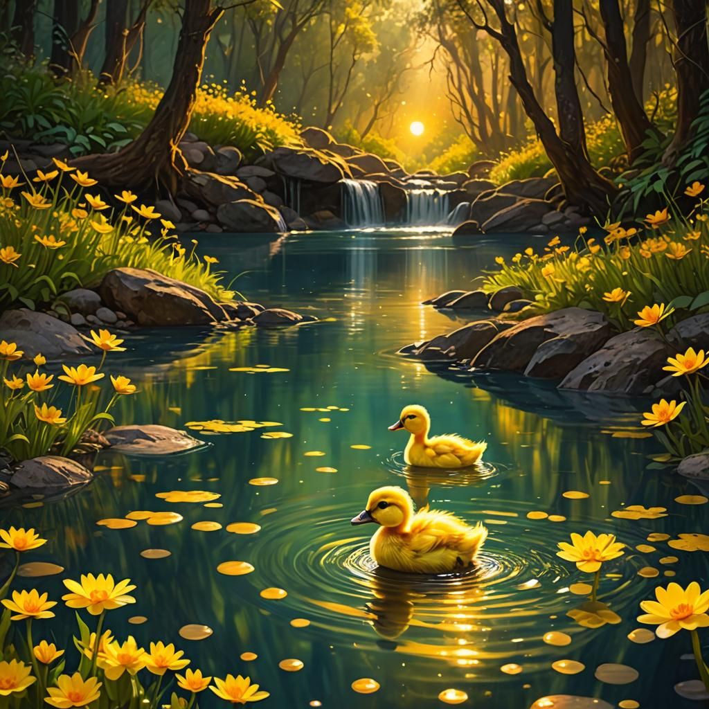 Duckling in Enchanted River: Surreal Silhouette Art