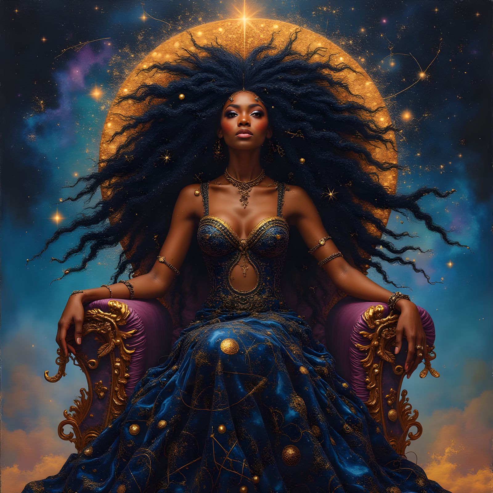 Cosmic Goddess on Constellation Throne in Afrofuturism
