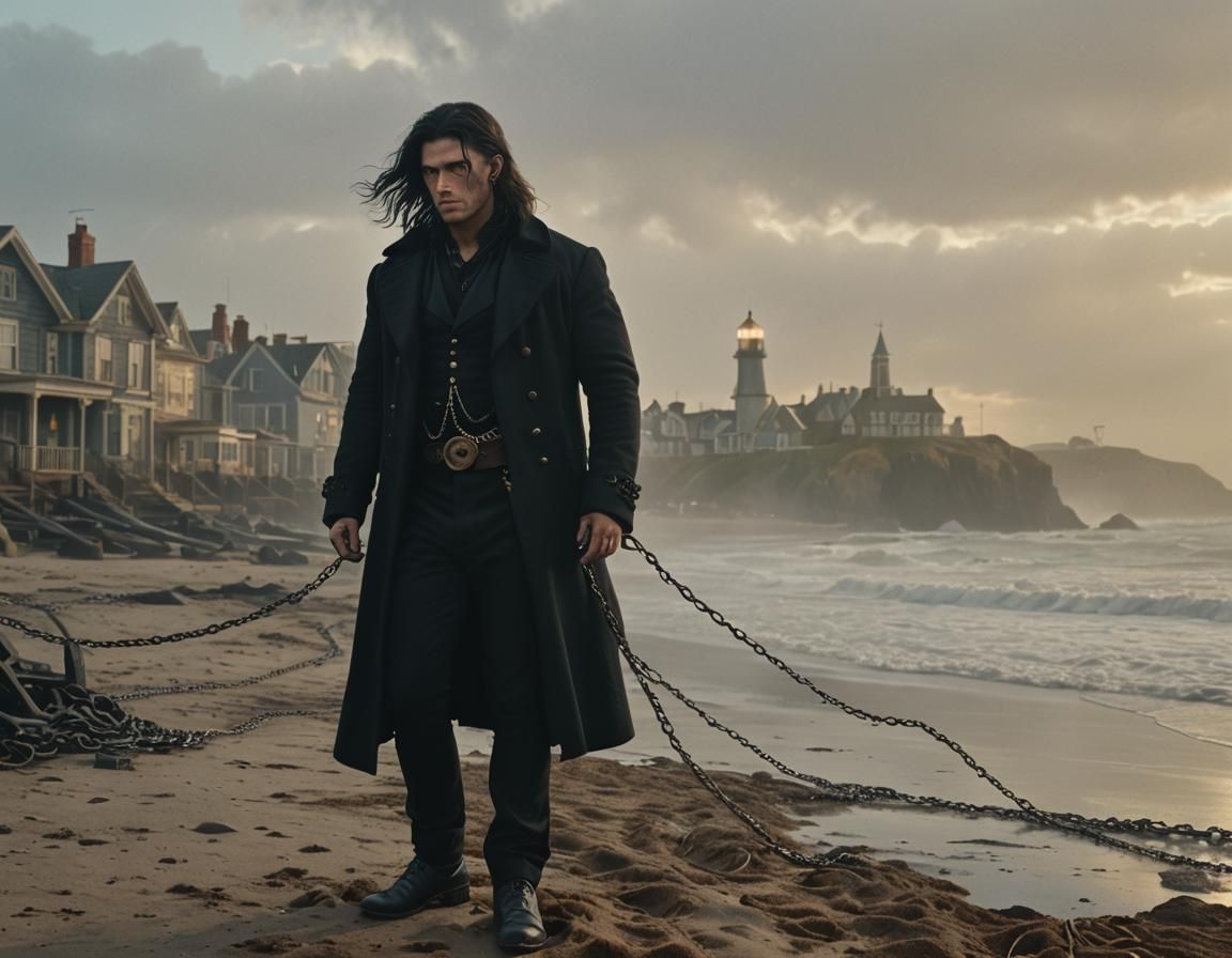 Victorian Punk in Coastal Mist: Ethereal Film Still