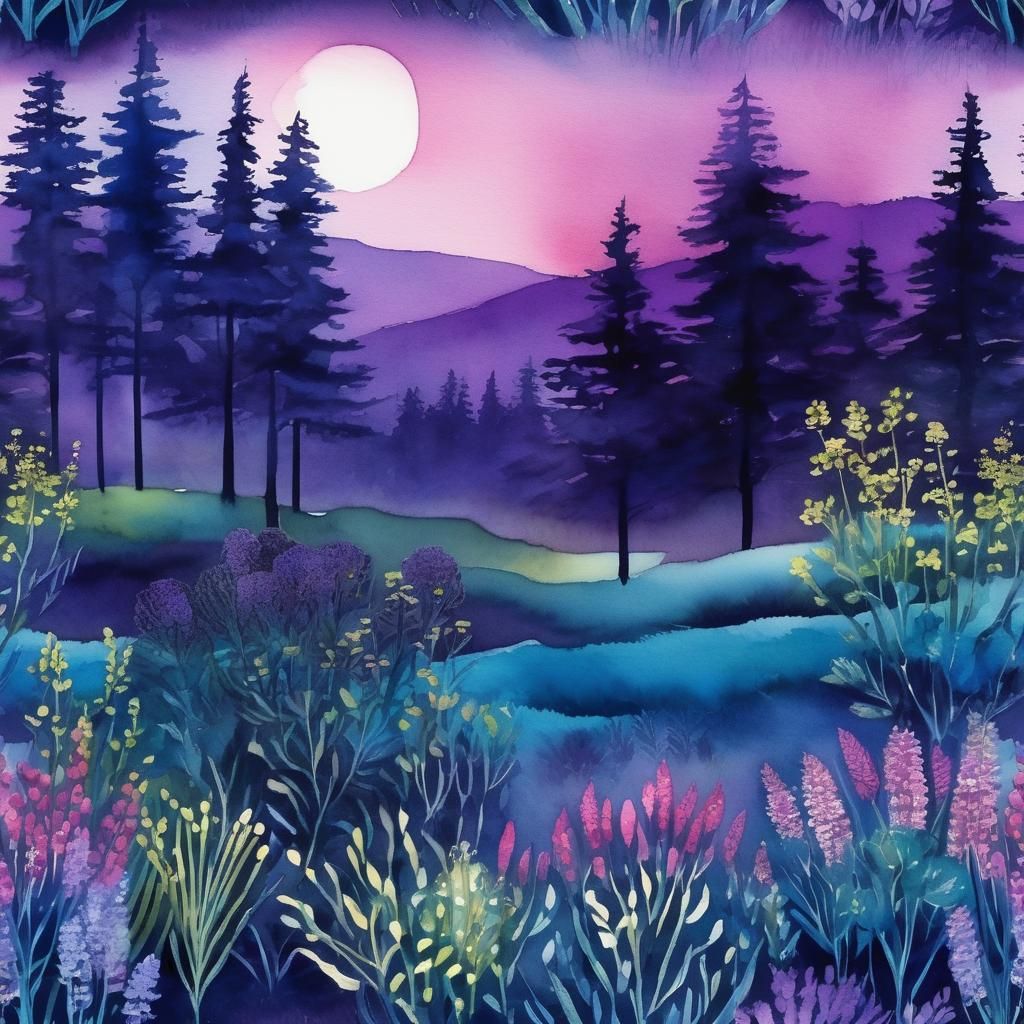 Enchanted Twilight Forest Landscape in Watercolor Style