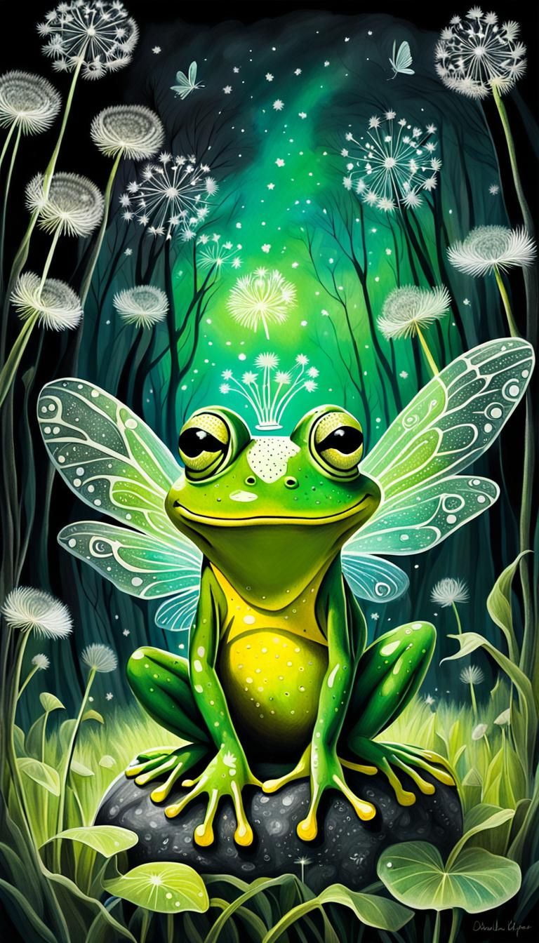 A vivid representation of a  joyful green crowned  frog prince   with fairy wings nestled under a fantastic array of dan...