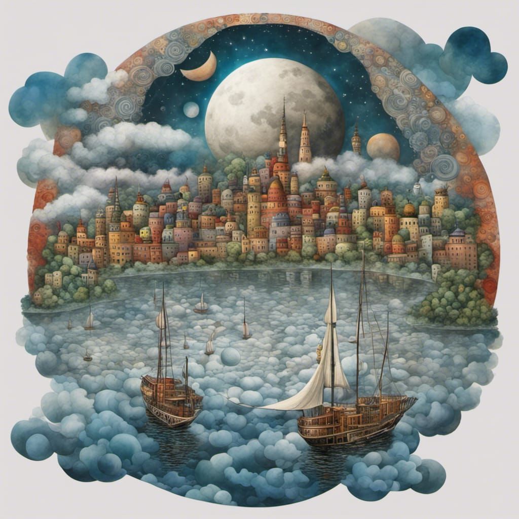 Tropical City in Clouds with Crescent Moon Towers