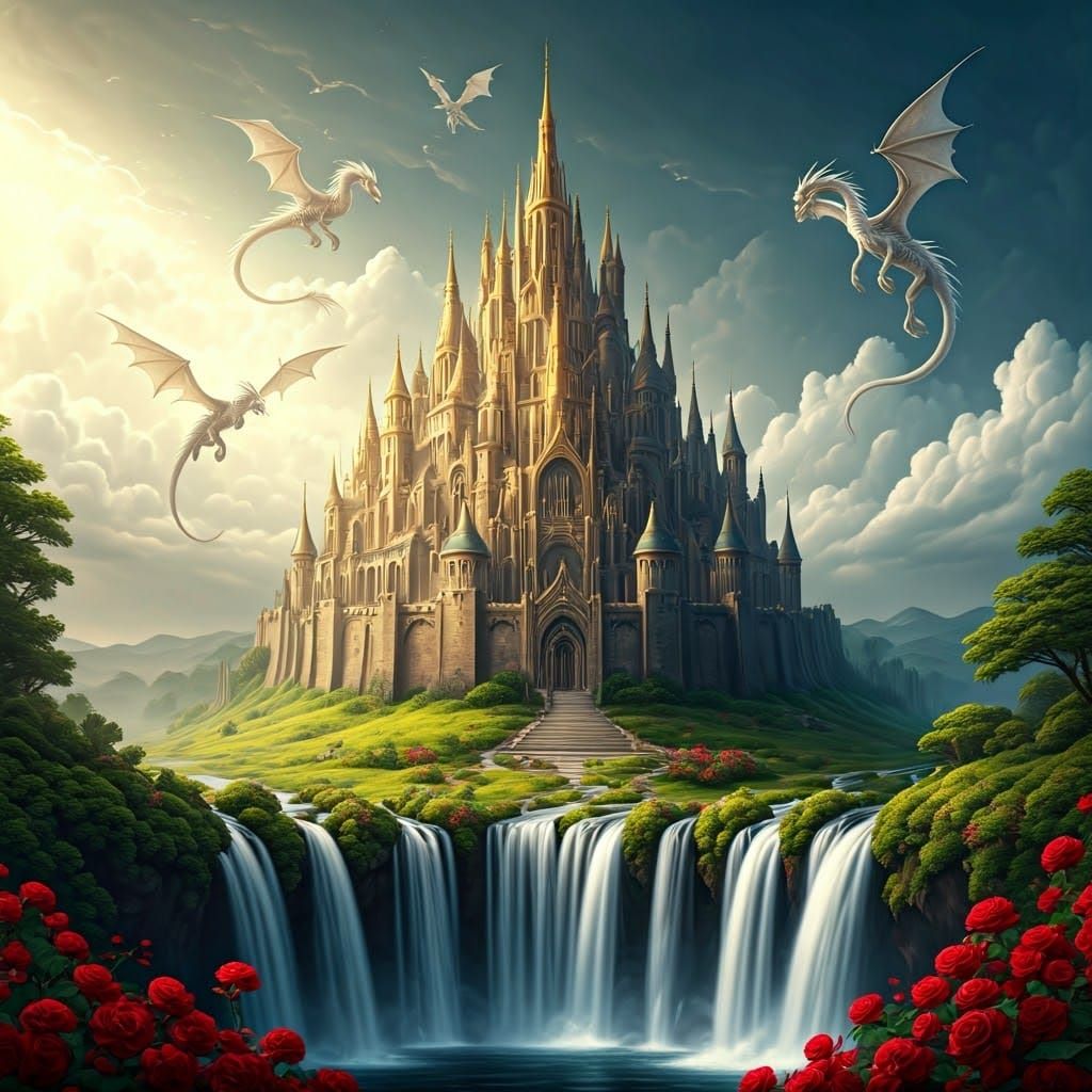 Golden Gothic Castle with Dragons and Waterfall