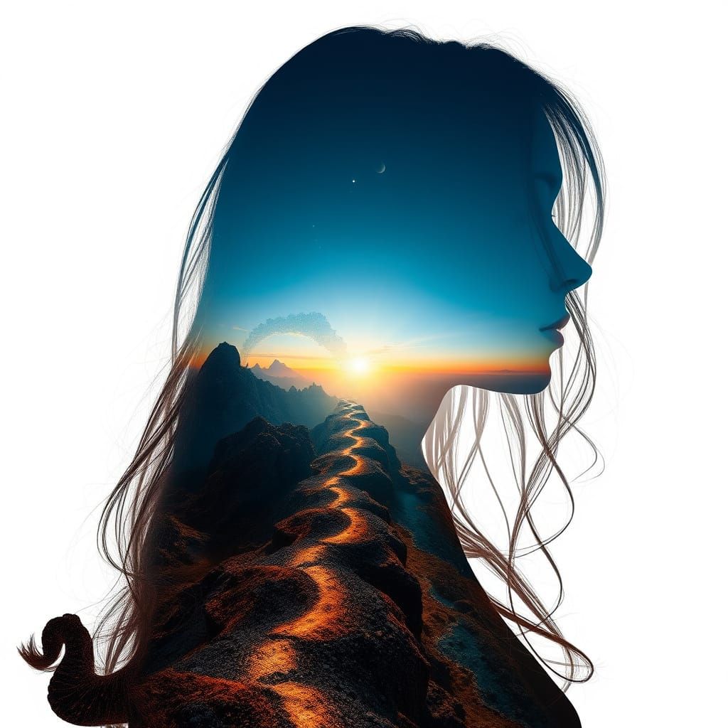 Surreal Dream Landscape with Fractal Path and Silhouette