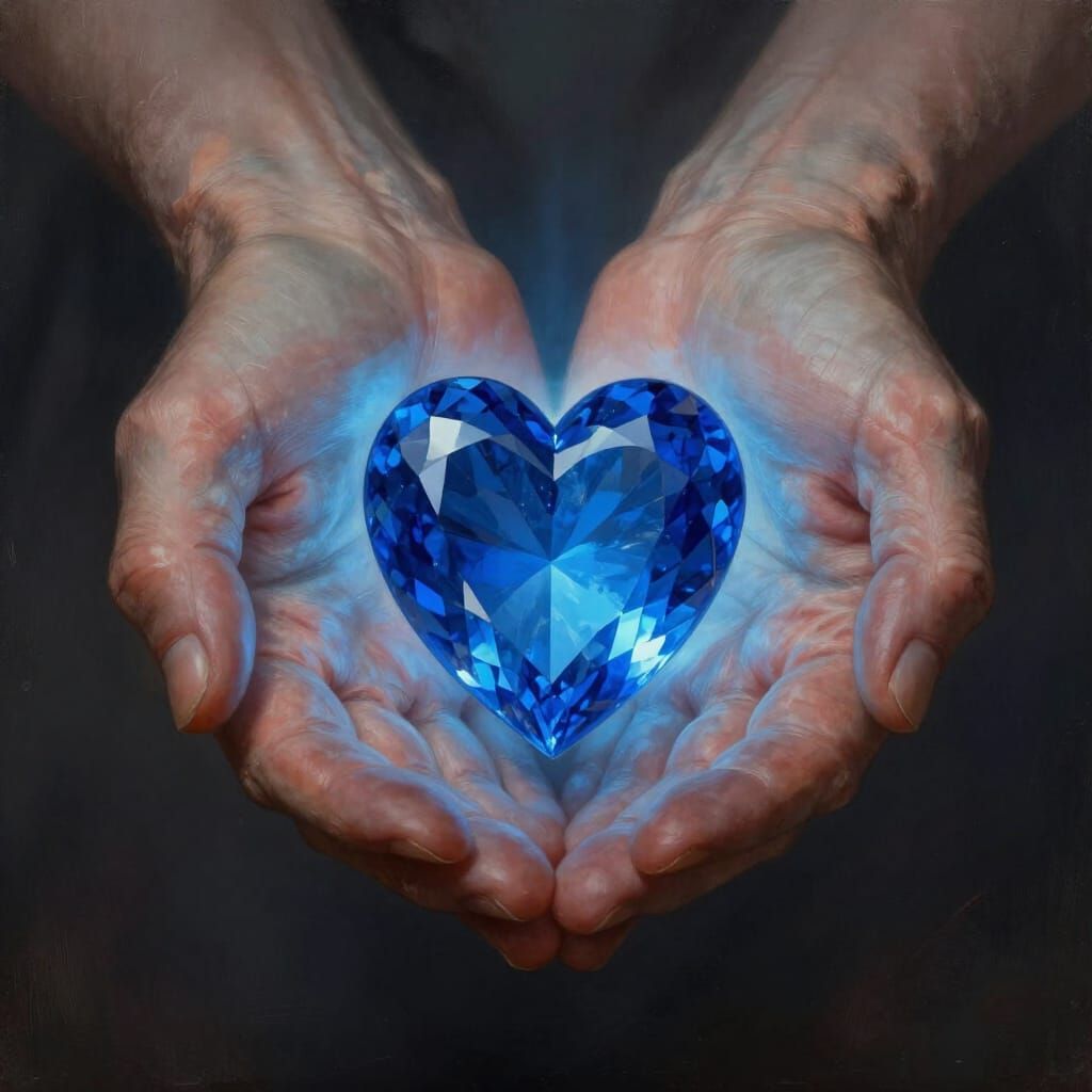 Aged Hands Holding Glowing Blue Gemstone Heart