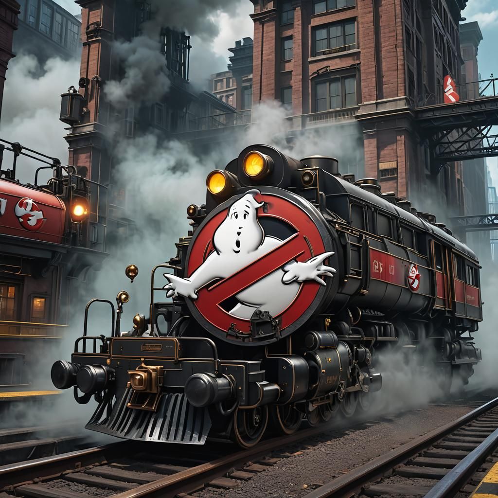 Ghostbusters Logo on Steam Train, Detailed Digital Painting