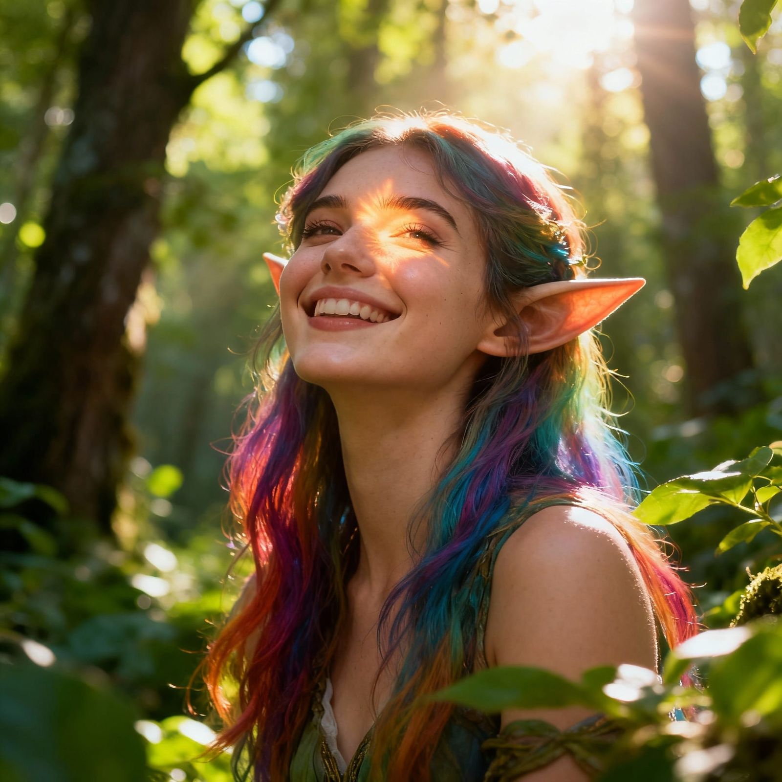 Beautiful Elf Woman Enjoys Sunlit Forest