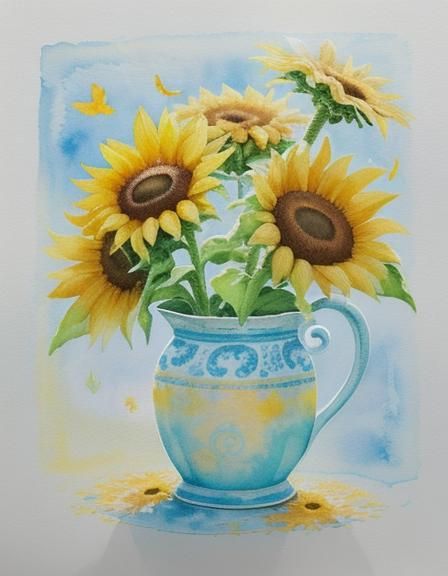 Whimsical Watercolor Sunflowers and Yellow Canaries