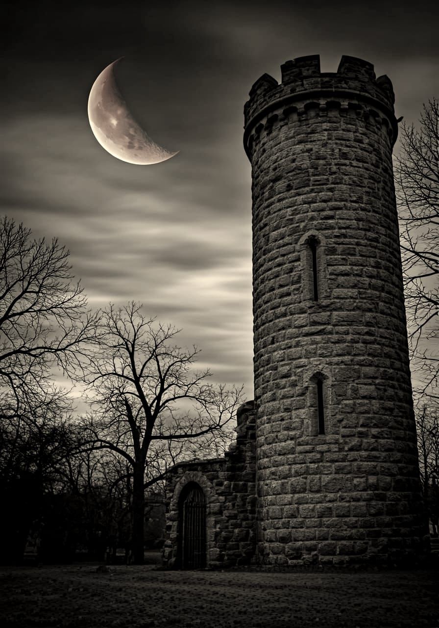 Gothic Stone Tower Silhouette Against Crimson Moon
