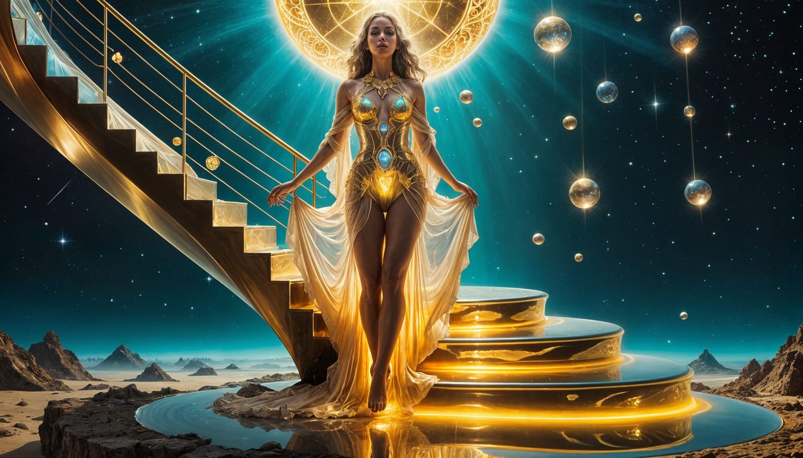 Luminous Golden Guardian Offering Pentacles in Cosmic Style