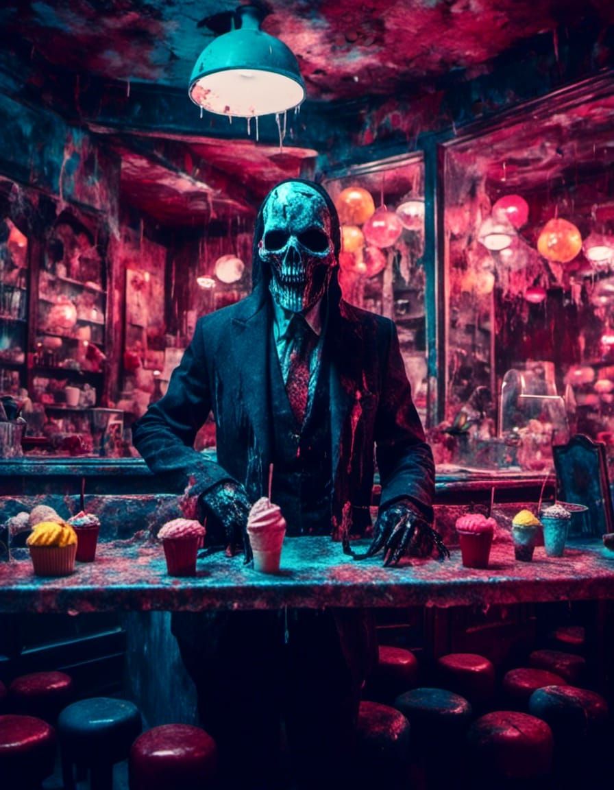 Creepy Reaper in Ice Cream Parlor: Macabre Dark Art