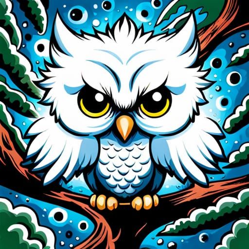 Chibi Red Owl Portrait in Forest, Detailed Gouache Painting