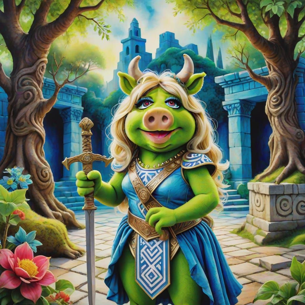 Miss Piggy as Greek Minotaur in Vibrant Labyrinth Scene