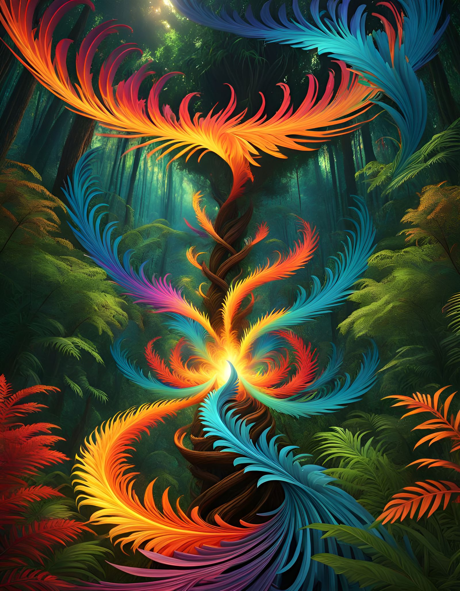 Fiery Phoenix Rising in Magical Jungle Clearing
