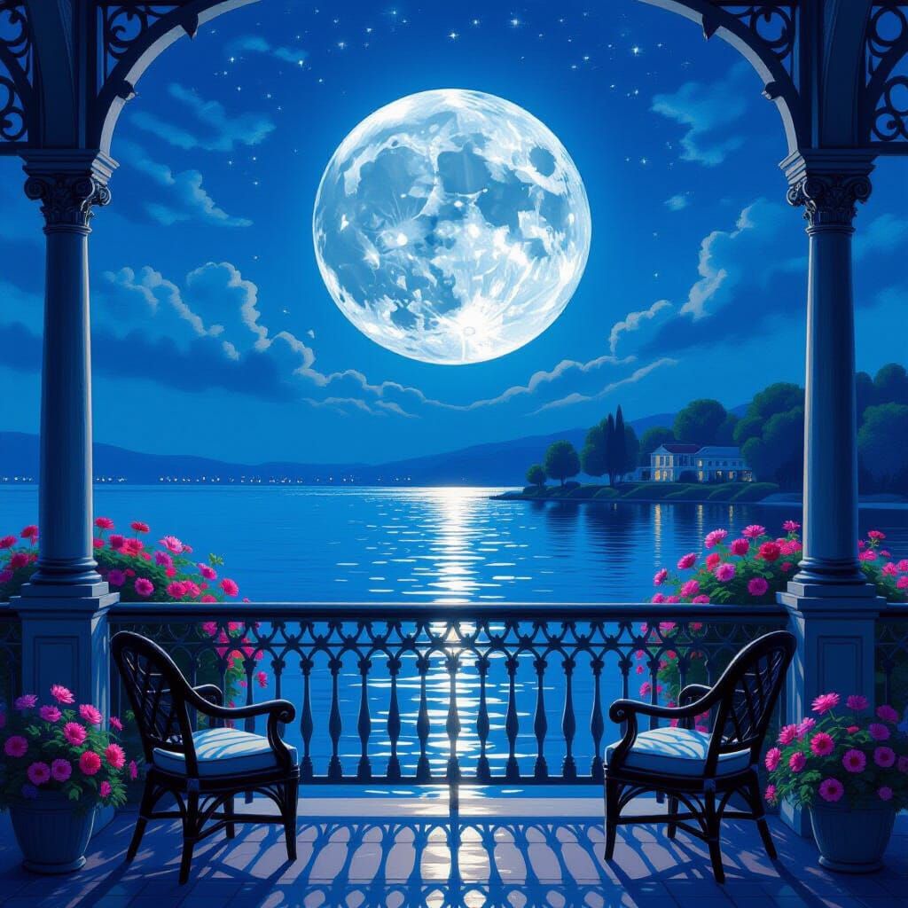 Silver Moon Over Lakeside Balcony in Realistic Style