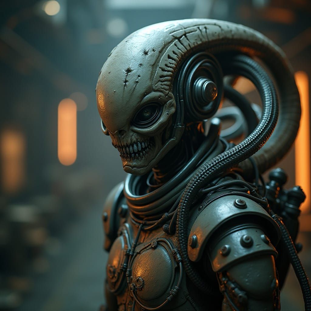 Giger-Inspired Bounty Hunter in Industrial Haze