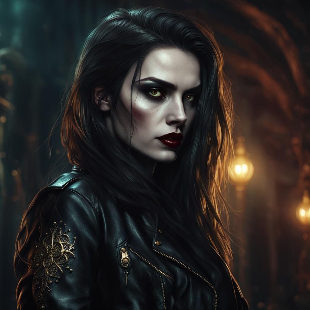 Brunette Vampire in Leather Jacket: Dark Fantasy Portrait
