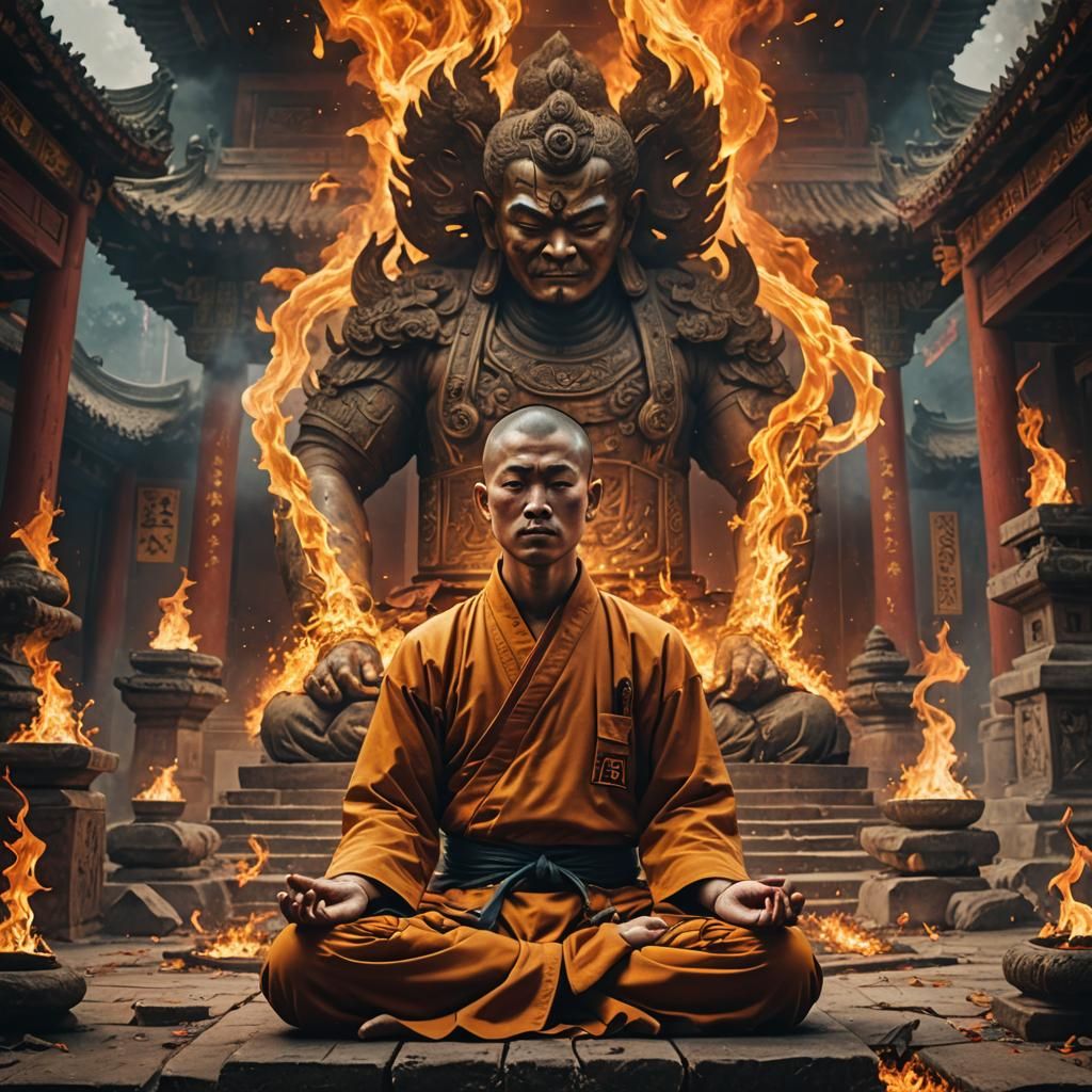 Meditating Monk in Burning Temple: Hyperrealistic Concept Ar...