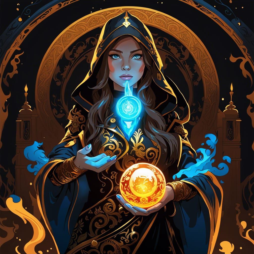 Anime Girl Conjuring Fire Orb in Vector Art