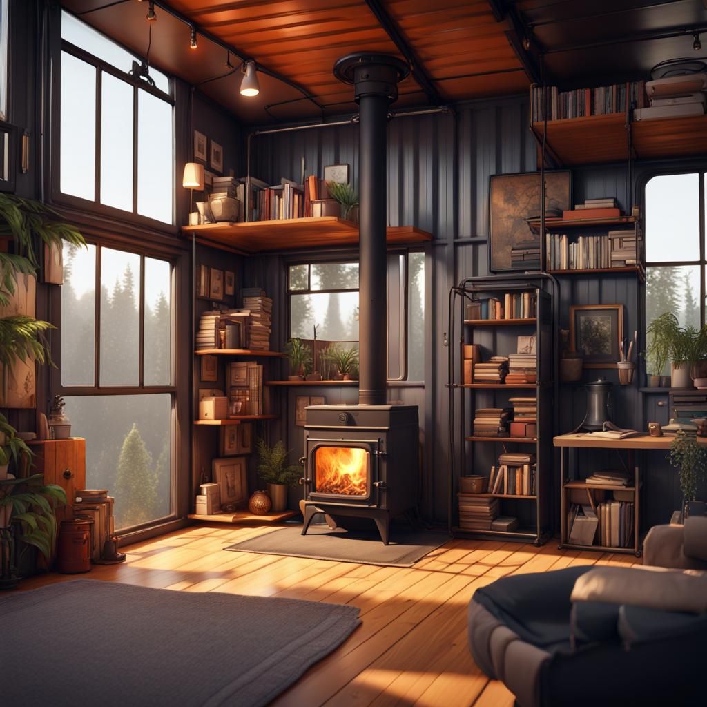 Cozy Modern Container Home Interior in Detailed Matte Painti...