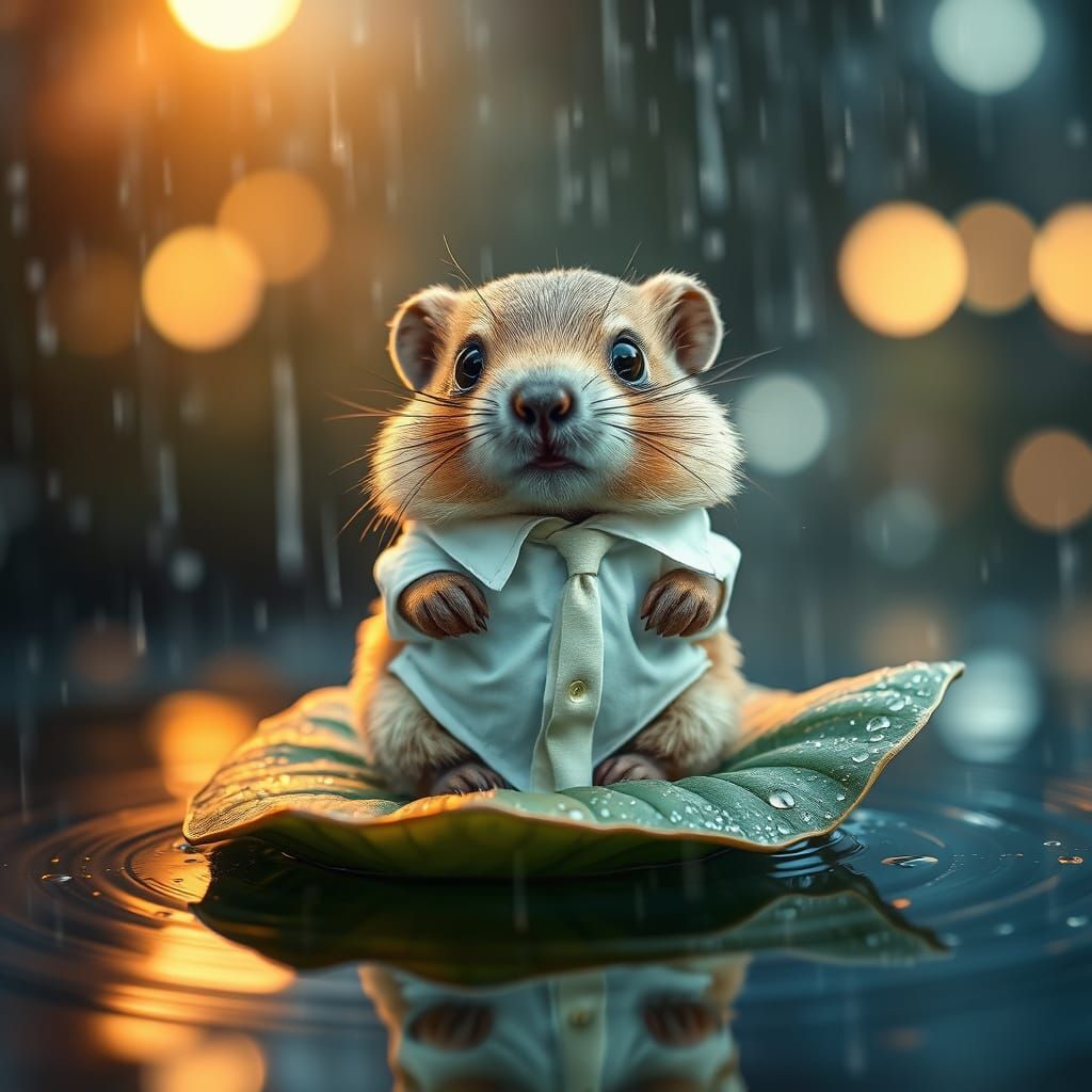Surreal Chibi Groundhog in Rainy Whimsy