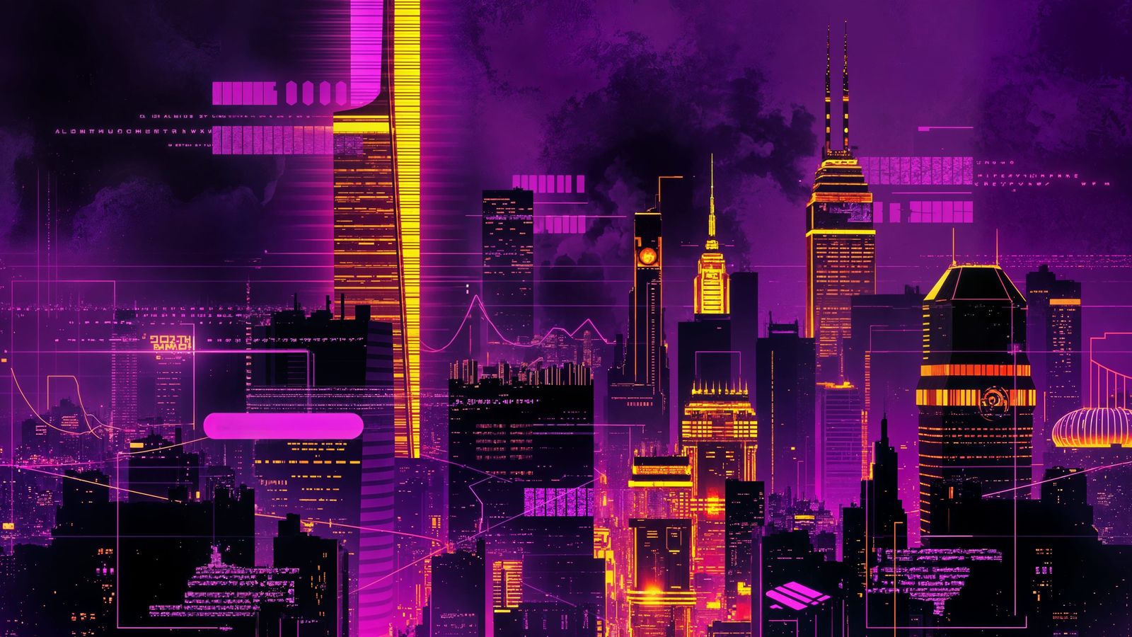 Glitch Art: Futuristic City in Purple, Black, and Gold