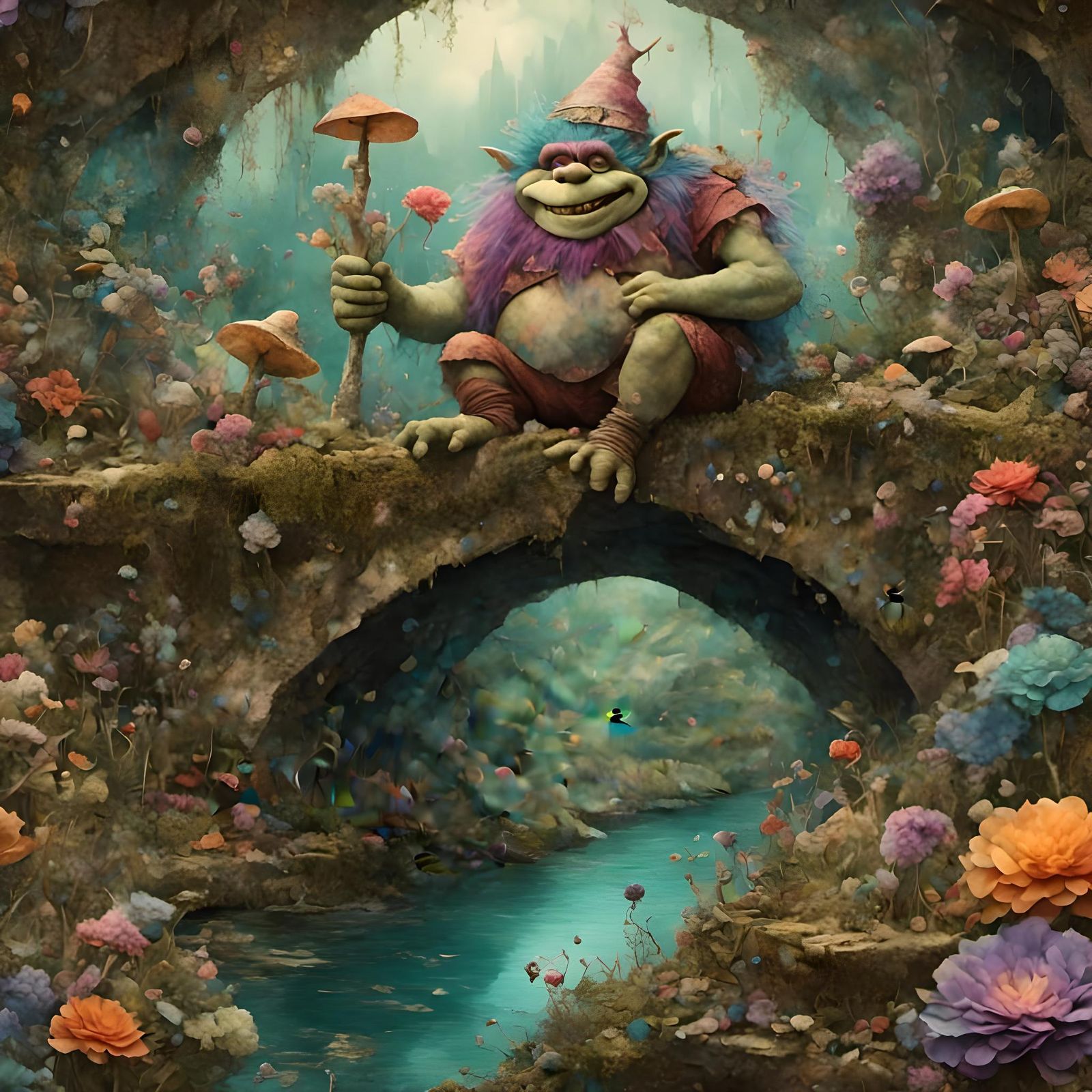 Friendly Troll Living Under Bridge Collage