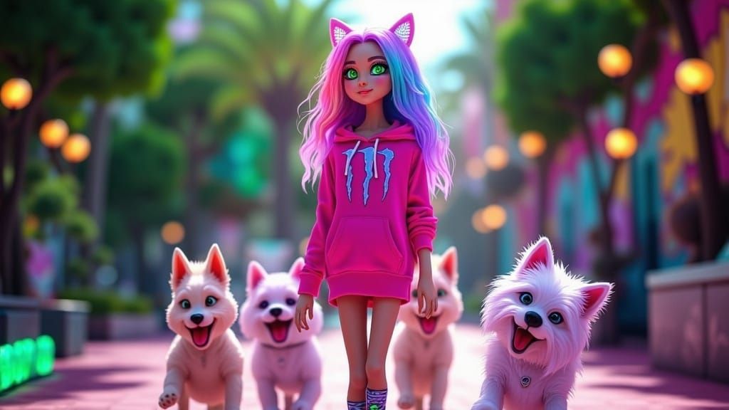 Vibrant Woman with Dogs in Urban Fantasy Style